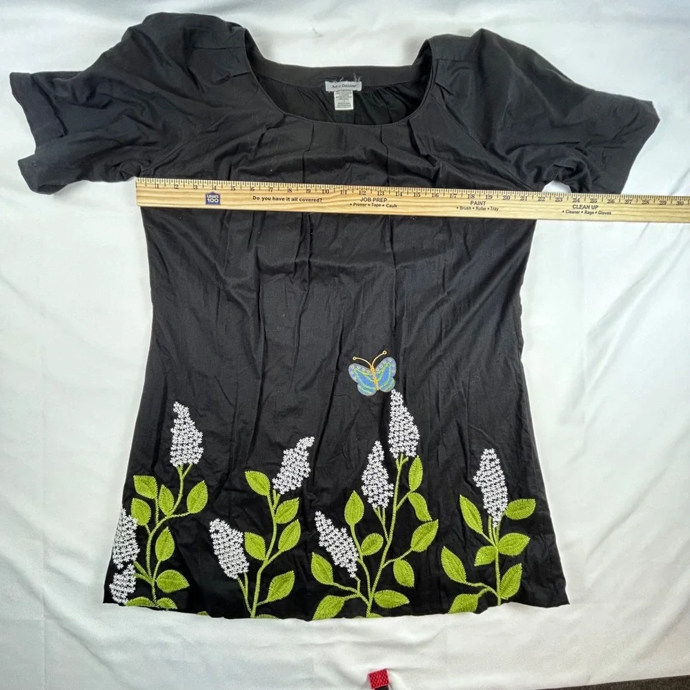 Black Floral Embroidered Butterfly Women's Artsy Chic Boho Spring Dress Sz. L - Picture 10 of 12